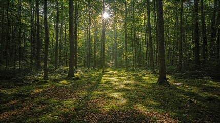 the sun shines through the trees in the forest