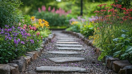 a stone path surrounded by flowers and greenery