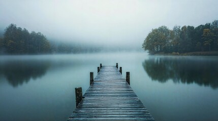 Fototapeta premium a dock on a lake in the middle of a foggy day