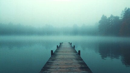 Fototapeta premium a dock in the middle of a lake on a foggy day