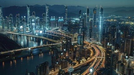 Naklejka premium Nighttime Cityscape with Intertwining Highways and Skyscrapers