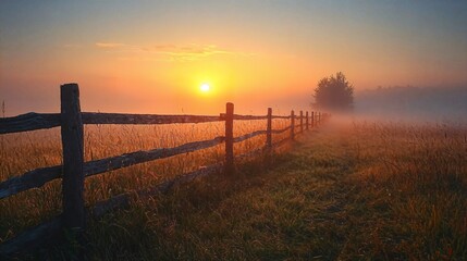 the sun is setting behind a fence in a foggy field