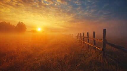Obraz premium the sun is setting behind a fence in a foggy field