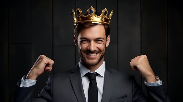 A smugly smiling man in a suit with a royal crown on his head.