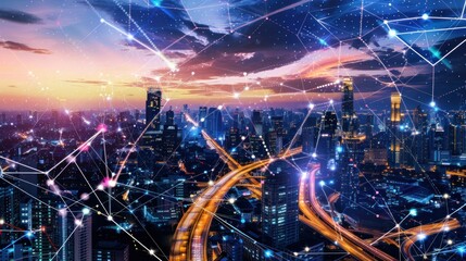 Cityscape at Night with Network Connections