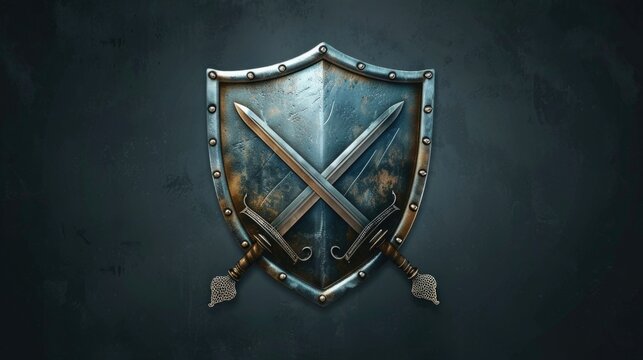 A metal shield featuring two crossed swords