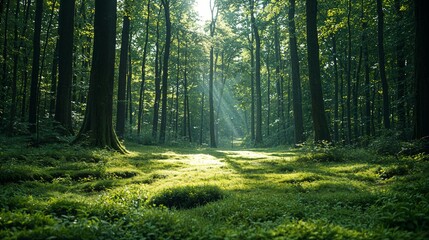 Obraz premium the sun shines through the trees in the forest