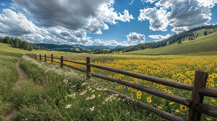 a wooden fence in a field of wildflowers