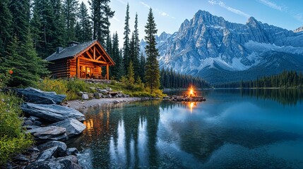 Fototapeta premium a cabin on the shore of a mountain lake