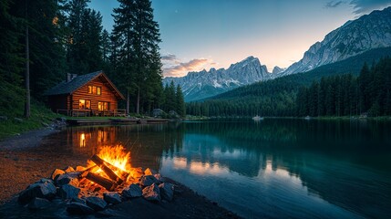 a log cabin sits on the shore of a lake