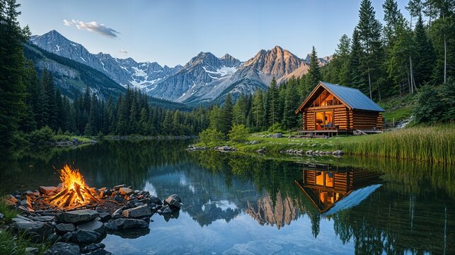 a log cabin sits next to a lake with a campfire in the foreground