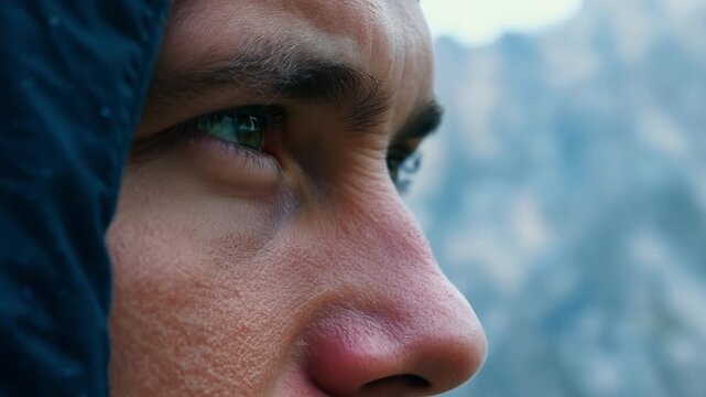 A climbers eyes shining with excitement and determination keenly surveying the challenging terrain ahead.