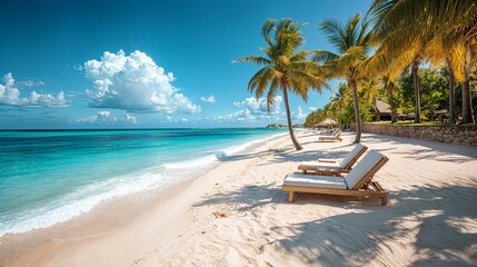 a beach with lounge chairs and palm trees