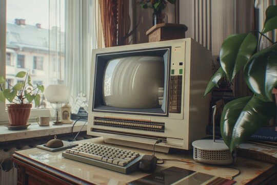 A classic computer sits atop a desk with a worn wooden surface