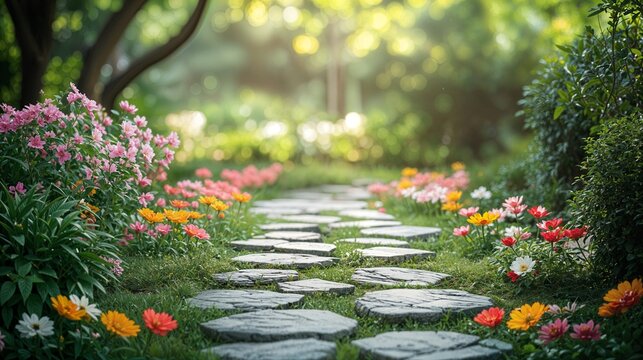a stone path surrounded by flowers and greenery