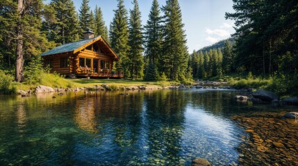 a log cabin sits on the edge of a river