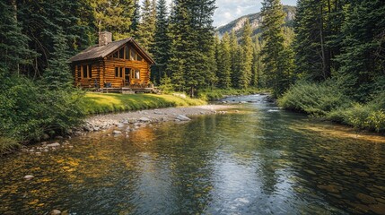 a log cabin sits on the edge of a river © KWY