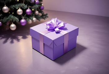 A purple gift box with a purple bow on a surface with a christmas tree in the background 