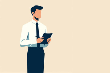 Illustration of a businessman standing with an open book and writing a company agenda
