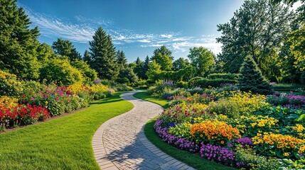 Fototapeta premium a pathway through a garden filled with lots of flowers