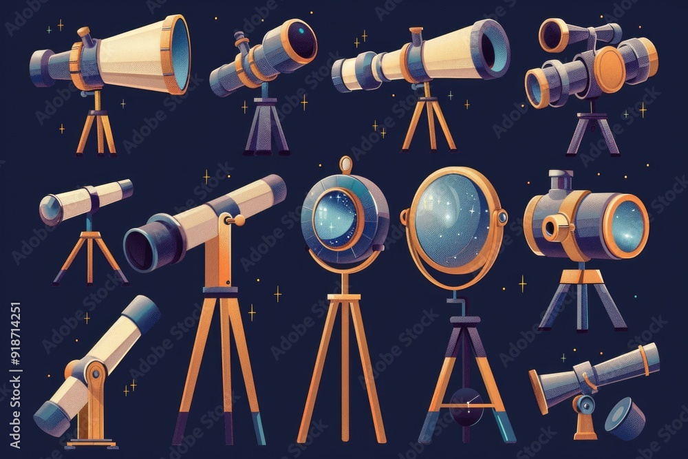 Poster a collection of different types of telescopes, including refracting and reflecting models