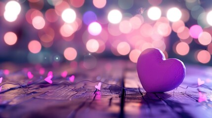 Purple Heart on Wooden Table with Festive Lights