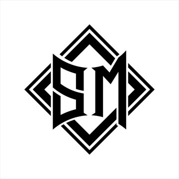 recommend clip art: SM Letter logo with abstract shield shape with square black outline on white background design