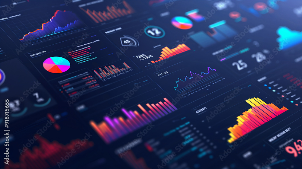 Poster modern dashboard displaying various business metrics, such as charts, graphs, and kpi indicators, bu
