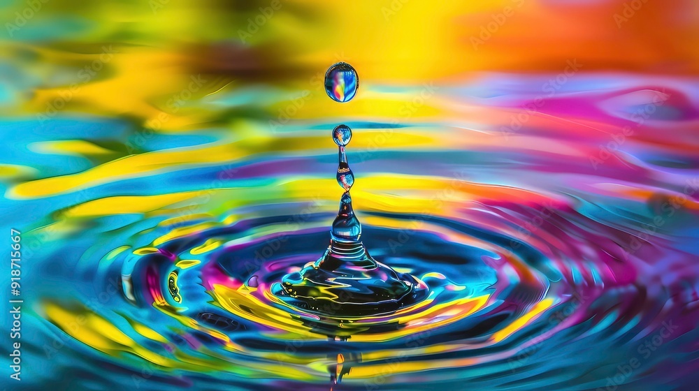 Aufkleber a single water droplet creates a splash of color as it falls into a pool of liquid, creating an intr