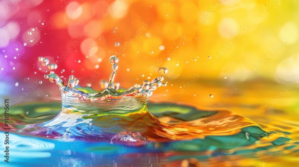 Poster a single water drop creates a colorful splash with ripples, surrounded by a bokeh effect of red, yel