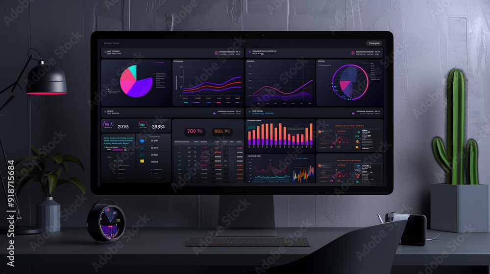 Poster modern dashboard displaying various business metrics, such as charts, graphs, and kpi indicators, bu