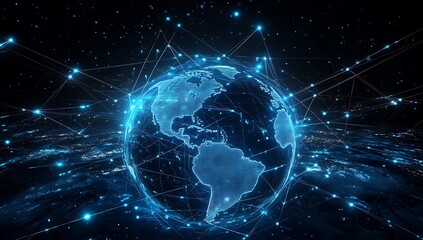 Obraz premium A stylized digital globe with glowing lines and dots, representing global connections and networks.