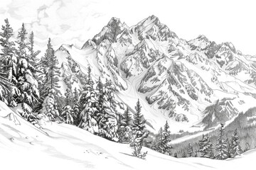 A serene pencil drawing of a snow-covered mountain range with peaks and valleys