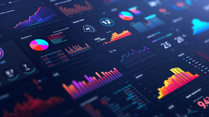 modern dashboard displaying various business metrics, such as charts, graphs, and KPI indicators, business data visualizations, business data analysis 