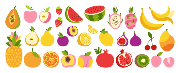 Fruits or berries hand drawn cartoon set. Sliced lemon orange apple pear, watermelon peach papaya fig, pineapple dragon fruits, kiwi mango banana pomegranate. Juicy strawberry plum cherry vector drawn