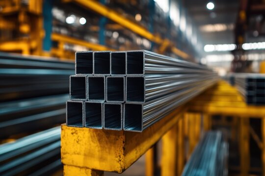 Close-up of neatly stacked metal bars on yellow industrial storage shelves, highlighting the organized warehouse environment and metallic textures.