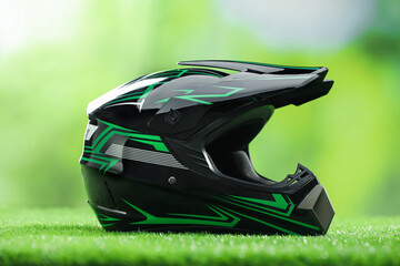 Modern motorcycle helmet with visor on green grass