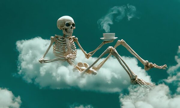 Skeleton relaxing on cloud with coffee cup with ai generated.

