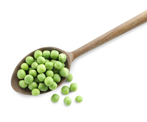 Spoon with fresh green peas isolated on white, top view