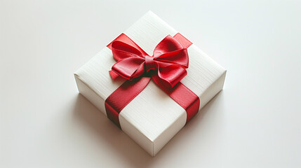 Obraz premium White gift box with red ribbon bow, isolated on white background, Christmas presents, Red Gift Ribbon & Bow, Red Bow on Top, Hands Giving Gift Close-up, White gift box with red bow, Christmas Gift box