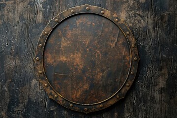 A metal plate with rivets attached to a wooden surface