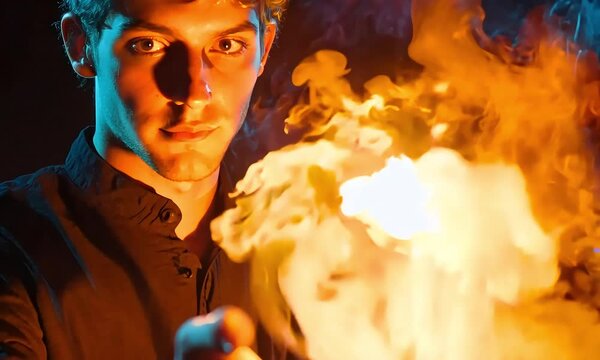Man controlling fireball in dramatic lighting with ai generated.
