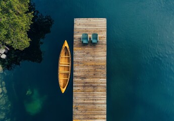 Wooden dock with two chairs and a rowboat on a clean blue lake, scenic nature, eco-friendly, top view shot, drone aerial image, minimalism