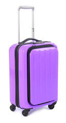One closed violet suitcase isolated on white