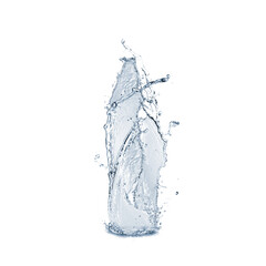 Water splashing in contour of bottle on white background
