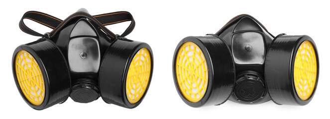 Respirator with replaceable filters isolated on white, collage