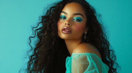 A young woman with long curly hair, wearing blue eyeshadow and a turquoise top, looks at the camera on a blue background.