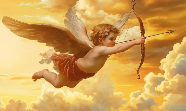 Classic cherub with bow and arrow in the sky with ai generated.
