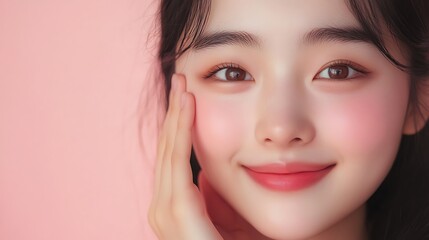 Obraz premium Radiant Young Woman Smiling Brightly Against a Soft Pink Background