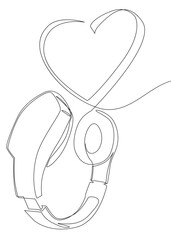 One continuous line of Heart and Headphones. Thin Line Illustration vector concept. Contour Drawing Creative ideas.